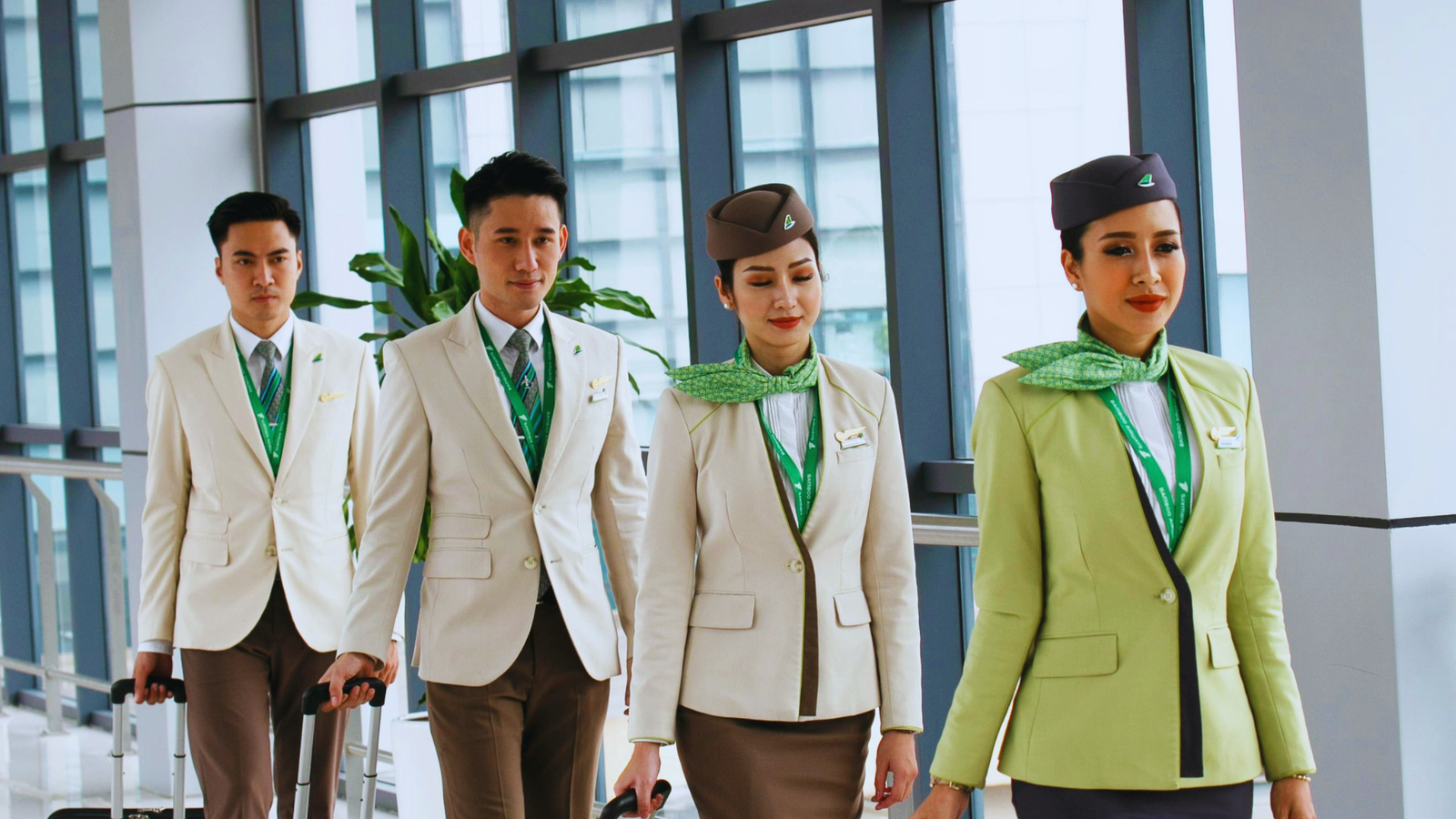 Professional cabin crew students in uniform during training.